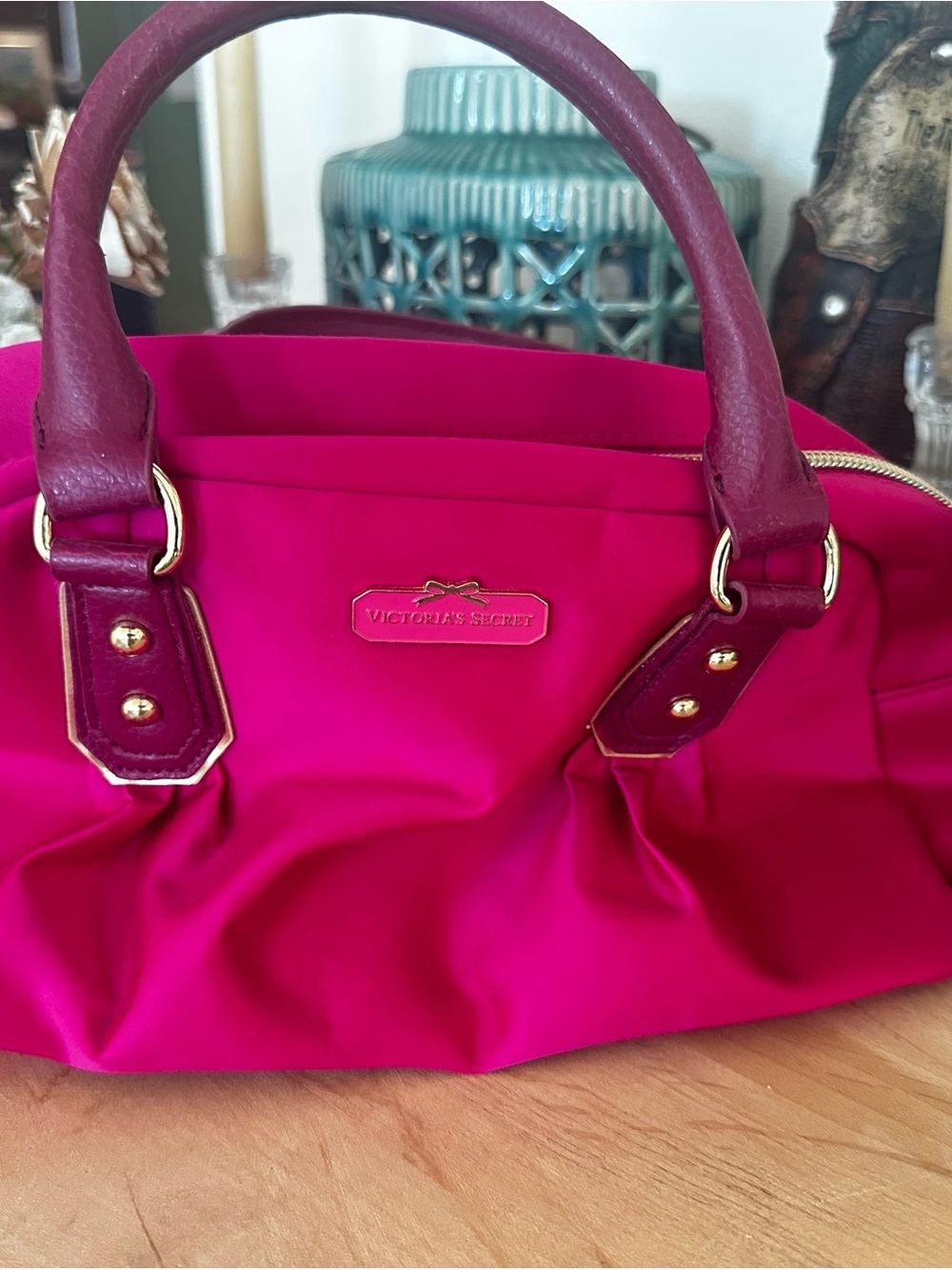 Victoria's Secret Hot Pink and Burgundy Tote Bag with Gold Hardware